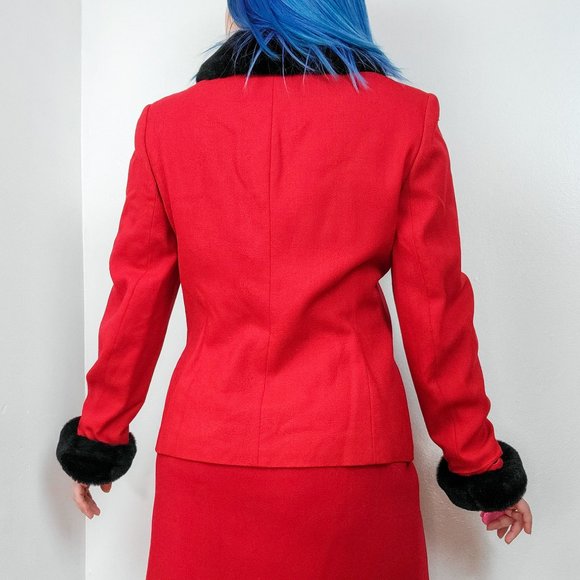 Vintage 90s Red & Black Faux Fur Trim Blazer Jacket - Picture 3 of 8